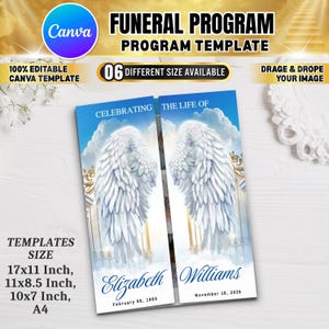 May include: Funeral program template with a blue sky and angel wings design. The text reads "Celebrating the Life of" and includes names and dates. The template is available in multiple sizes, including 17x11 inches and A4.