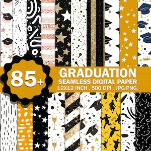 May include: A selection of graduation-themed digital papers. The designs feature stars, mortarboards, champagne flutes, and abstract patterns in black, gold, white, and mustard yellow. The text reads "GRADUATION SEAMLESS DIGITAL PAPER 12X12 INCH .500 DPI. JPG PNG."