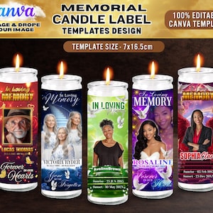 May include: Memorial candle label templates with various designs. Each candle features a photo, name, and dates, with the words "In Loving Memory" and "Forever in our Hearts." The template size is 7x16.5cm.