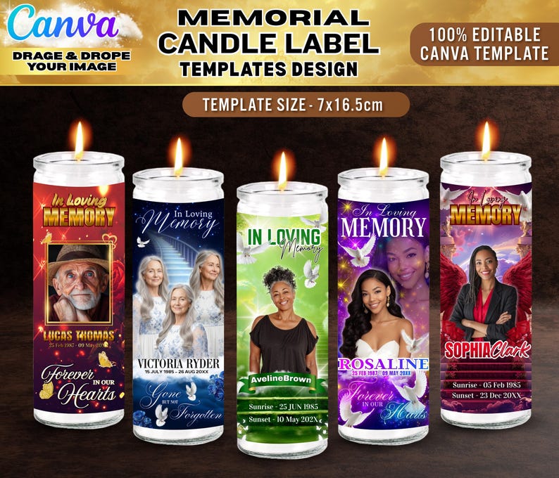 May include: Memorial candle label templates with various designs. Each candle features a photo, name, and dates, with the words "In Loving Memory" and "Forever in our Hearts." The template size is 7x16.5cm.