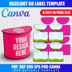 Peut inclure: Un modèle d'étiquette rose avec le texte "HAZELNUT GO LABEL TEMPLATE" et "Canva". Le modèle comprend un présentoir cylindrique avec "YOUR DESIGN HERE" et des découpes d'étiquettes. La taille de la page est de 21,59 x 27,94 cm. Le modèle est 100% modifiable.
