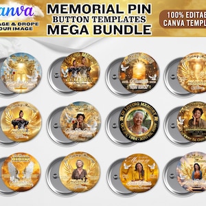 Pu&ograve; includere: Una collezione di modelli di bottoni a spilla commemorativi. Ogni bottone presenta un design oro e bianco, con immagini, testo e ali d'angelo. Il testo include frasi come "In Loving Memory" e nomi. Il banner superiore recita "Memorial Pin Button Templates Mega Bundle".