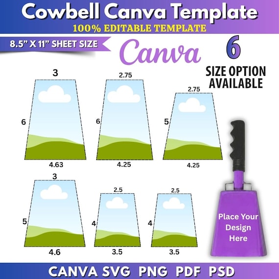 Cowbell Canva Template, Editable Cowbell Template, 6 Sizes Custom Cowbell Drag & Drop Game Day Spirit Template DIY Cowbell Editable Template