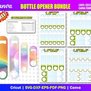 May include: A bundle of bottle opener designs with various colorful patterns, including a rainbow, a galaxy-like design, and a watercolor effect. The image also includes templates with dimensions in inches and the text "Bottle Opener Bundle".