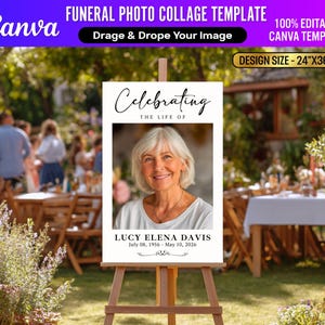 Pu&ograve; includere: Un modello di collage fotografico funebre su un cavalletto. La dimensione del design &egrave; di 61 cm x 91 cm. Il modello include il testo "Celebrating the Life of" e una foto di una donna. Sono inclusi anche il nome "LUCY ELENA DAVIS" e le date "08 luglio 1956 - 10 maggio 2026".