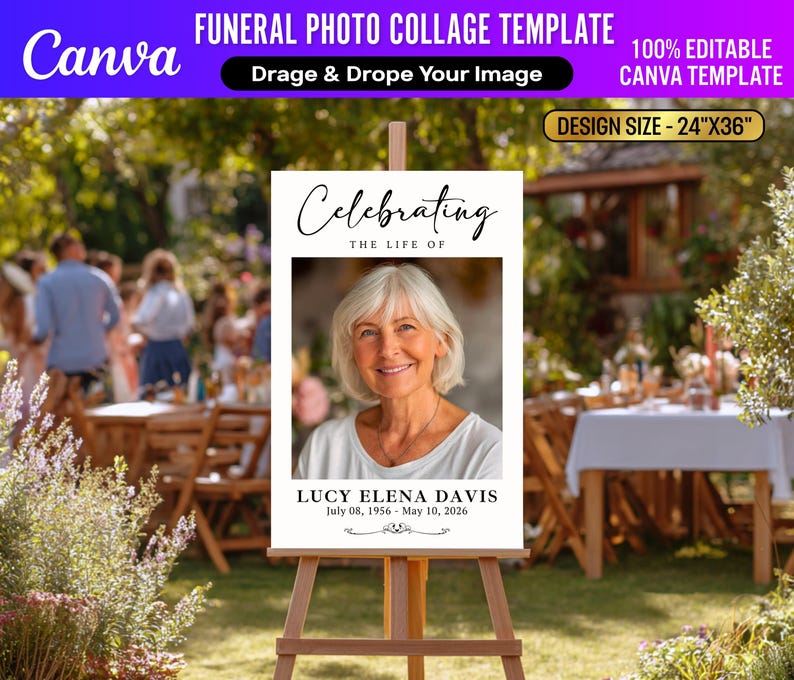 Pu&ograve; includere: Un modello di collage fotografico funebre su un cavalletto. La dimensione del design &egrave; di 61 cm x 91 cm. Il modello include il testo "Celebrating the Life of" e una foto di una donna. Sono inclusi anche il nome "LUCY ELENA DAVIS" e le date "08 luglio 1956 - 10 maggio 2026".