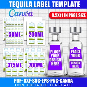 Puede incluir: Una plantilla de etiqueta de tequila con el texto "TEQUILA LABEL TEMPLATE" y "Canva". La plantilla incluye etiquetas para botellas de 50 ml, 200 ml, 375 ml y 700 ml. El texto "PLACE YOUR DESIGN HERE" está en las etiquetas. La plantilla mide 21,59 cm x 27,94 cm.