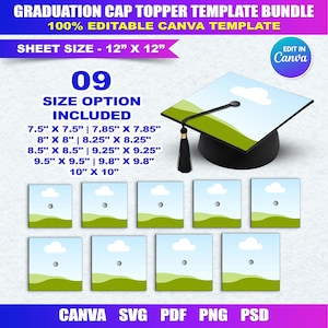Puede incluir: Un paquete de plantillas para adornos de gorras de graduación con nueve opciones de tamaño, incluyendo tamaños de 19,05 cm x 19,05 cm y 25,4 cm x 25,4 cm. El diseño presenta una ilustración de gorra de graduación y pequeñas plantillas cuadradas. El texto incluye "GRADUATION CAP TOPPER TEMPLATE BUNDLE".