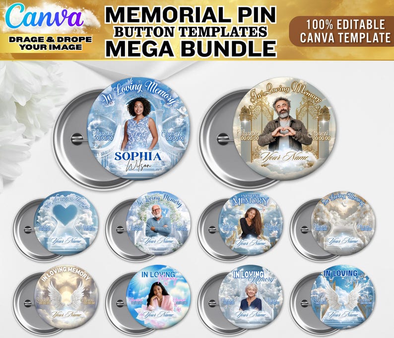 Pu&ograve; includere: Una collezione di modelli di bottoni con spilla commemorativa con vari design. Ogni bottone presenta una foto, le parole "In Loving Memory" e spazio per un nome e delle date. L'immagine include il testo "MEGA BUNDLE" e "100% EDITABLE CANVA TEMPLATE".