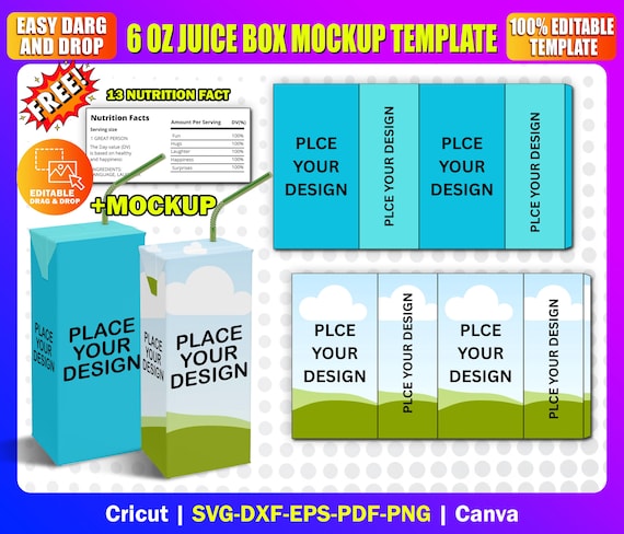 6oz Juice Box Wrapper Template | Editable Canva Mockup | Juice Box Label Drag & Drop Party Favor