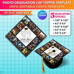 May include: A graduation cap topper template with a photo collage design. The template includes the text "PHOTO GRADUATION CAP TOPPER TEMPLATE" and "100% EDITABLE CANVA TEMPLATE". The design is available in multiple sizes, including 12" x 12" and other options.