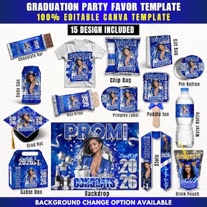 May include: A collection of graduation party favors in blue and white, including a chocolate bar, t-shirt, chip bag, soda can, rice krispie, pringles label, grad hat, gable box, backdrop, stole, pin button, water bottle, paddle fan, and drink pouch. The text "PROM" and "CONGRATS" are visible.