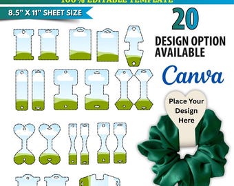 May include: A Canva template bundle for scrunchie tags. The image shows 20 design options, with a green scrunchie and a tag that says "Place Your Design Here." The template is 21.59 cm x 27.94 cm and 100% editable.