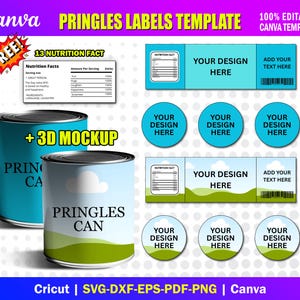 Pode incluir: Um modelo Canva para rótulos Pringles, com uma maquete 3D de latas de Pringles, informações nutricionais e elementos de design. Inclui modelos de rótulos editáveis com espaço para designs e texto personalizados. O design é em cores vibrantes.
