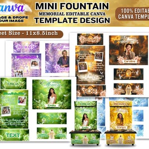 May include: A collection of memorial Canva templates with various designs. The templates feature floral and celestial backgrounds, with space for photos and text. The text includes names like "Michael", "Emilia", and "Caroline". The sheet size is 11x8.5 inches.