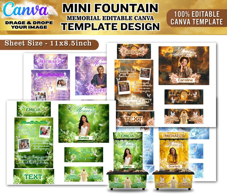 May include: A collection of memorial Canva templates with various designs. The templates feature floral and celestial backgrounds, with space for photos and text. The text includes names like "Michael", "Emilia", and "Caroline". The sheet size is 11x8.5 inches.