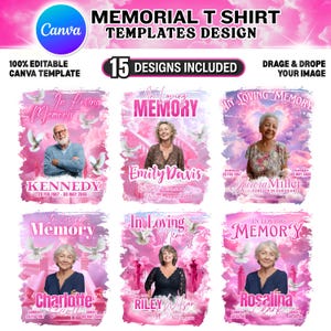 May include: Memorial T-shirt templates design with 15 designs included. Each design features a photo, the words "In Loving Memory", and the name and dates of a deceased person. The designs are set against a pink and purple background.