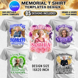 Op de afbeelding: Witte t-shirts met gedenktekens. Elk shirt heeft een portret van een persoon met tekst als "In Loving Memory" en namen als Scarlett Williams en Violet. De ontwerpafmeting is 40,64 x 50,8 cm.