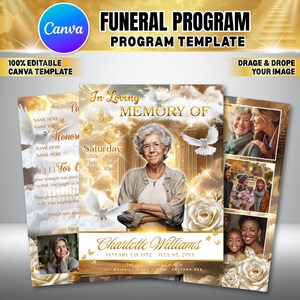 May include: A funeral program template with a gold and white design. The template includes space for photos, dates, and text, with the words "Funeral Program" and "In Loving Memory Of" prominently displayed. The template is editable.