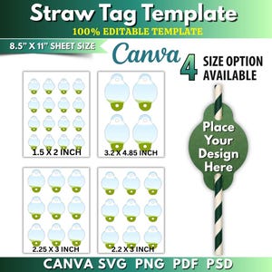 May include: A digital straw tag template featuring four size options on an 8.5 inch by 11 inch sheet. The design includes layouts for 1.5 by 2 inch, 3.2 by 4.85 inch, 2.25 by 3 inch, and 2.2 by 3 inch tags, with a sample green tag on a straw.