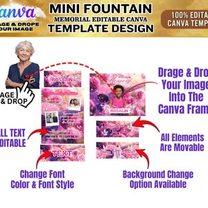 May include: A Canva template design for a memorial fountain. The design features a pink floral theme with editable text and image placeholders. The template includes options to change the font, color, and background. The design is labeled "Mini Fountain Memorial Editable Canva Template Design."