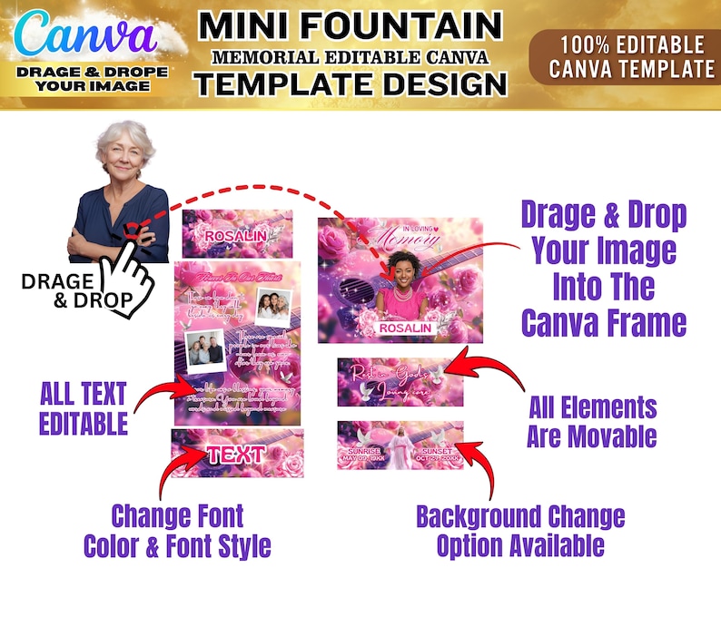May include: A Canva template design for a memorial fountain. The design features a pink floral theme with editable text and image placeholders. The template includes options to change the font, color, and background. The design is labeled "Mini Fountain Memorial Editable Canva Template Design."