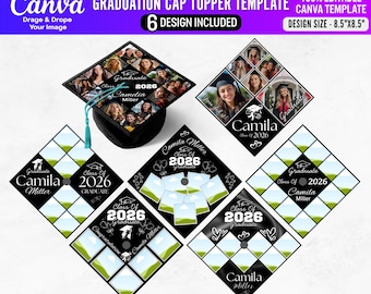 Puede incluir: Plantilla de adorno para gorro de graduación con seis opciones de diseño. Los diseños incluyen espacio para fotos, el nombre del graduado y el año 2026. La plantilla de Canva es de 21,6 cm x 21,6 cm y 100% editable.
