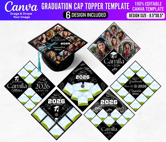 Custom Photo Graduation Cap Topper Template | Class of 2026 Grad Cap Canva Designs | Memory Film Photo Strip Grad 2026 DIY Canva Editable