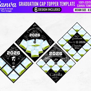 May include: A template for graduation cap toppers with six designs. Each design features a black background with white text, including "Class of 2026" and space for a photo. The design size is 8.5" x 8.5".