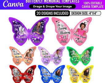 20 plantillas de pins de mariposa conmemorativos / Recuerdos editables de Canva / Diseño de pin de mariposa "En memoria amorosa"