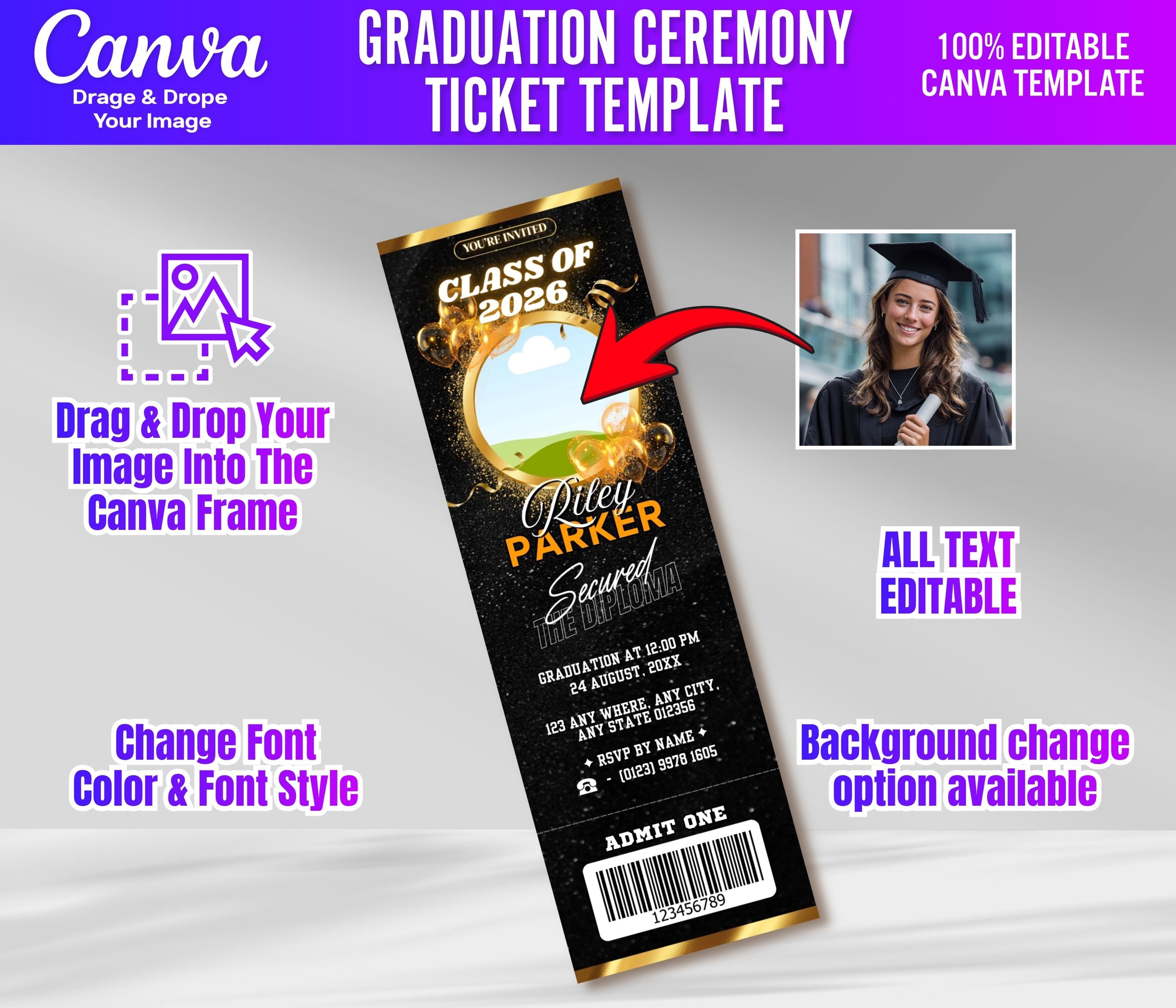 Professional Grad Tickets Editable Graduation Ceremony Ticket | Senior Class of 2026 Invitation ...
