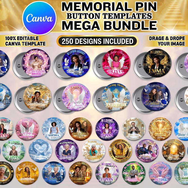 Pu&ograve; includere: Una collezione di modelli di bottoni con spilla commemorativa con vari disegni. Le spille presentano immagini di persone, ali d'angelo e la scritta "In Loving Memory". Il testo "MEGA BUNDLE" e "250 DESIGNS INCLUDED" sono anch'essi visibili.