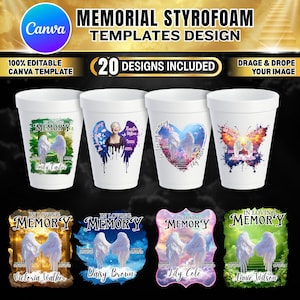 20x Memorial Styrofoam Cup Templates | Canva Editable Shot Glass Labels | Celebration of Life Favors |  Digital Download