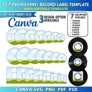 Könnte beinhalten: Eine Vinyl-Schallplattenetikettenvorlage mit dem Text "12,7 Zoll Vinyl-Schallplattenetikettenvorlage" und "100% editierbare Vorlage". Das Design umfasst mehrere Größen von Schallplattenetiketten mit dem Text "Canva" und "3 Designoptionen verfügbar".