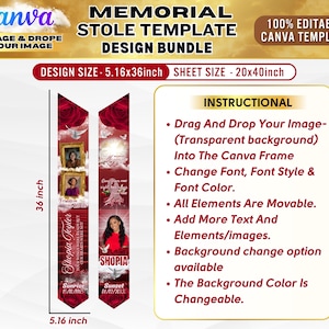 May include: A digital memorial stole template for Canva featuring two vertical red banners with rose graphics, white doves, and photo frames. The design includes text placeholders for names and dates, with a design size of 5.16x36 inches and a sheet size of 20x40 inches.