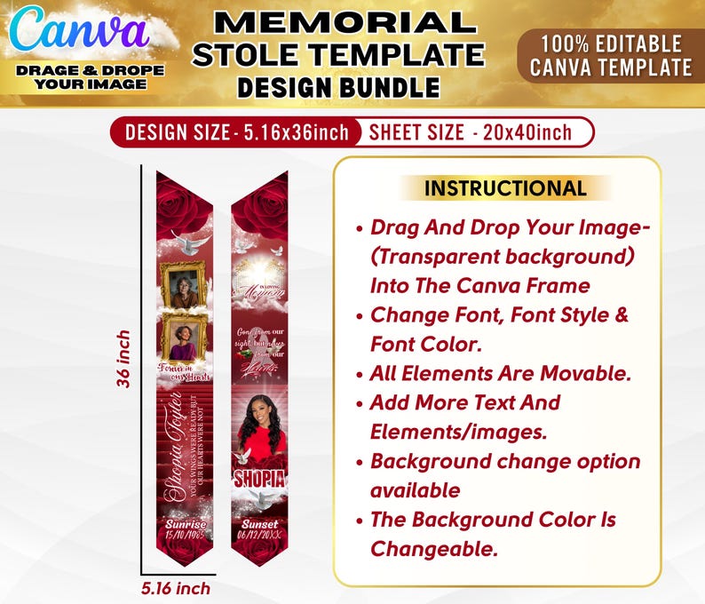 May include: A digital memorial stole template for Canva featuring two vertical red banners with rose graphics, white doves, and photo frames. The design includes text placeholders for names and dates, with a design size of 5.16x36 inches and a sheet size of 20x40 inches.