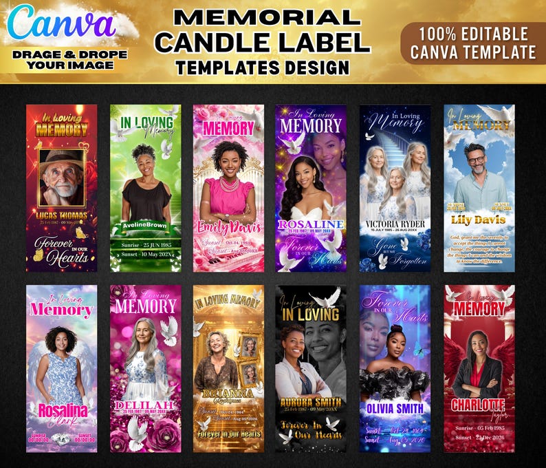 May include: A collection of memorial candle label templates with various designs. Each label features a photo, name, and dates, with phrases like "In Loving Memory" and "Forever in Our Hearts." The templates are designed for Canva and are 100% editable.
