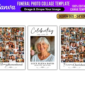 Pu&ograve; includere: Un modello di collage fotografico funebre con tre pannelli verticali. Il pannello centrale presenta un ritratto di una donna con il testo "Celebrating the Life of Lucy Elena Davis". Gli altri pannelli mostrano collage di foto. La dimensione &egrave; 61 cm x 91 cm.