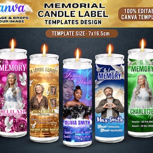 May include: Memorial candle label templates with various designs. Each candle features a photo, name, and dates. The labels include the text "Loving Memory" and "Forever in Our Hearts". The template size is 7x16.5cm.