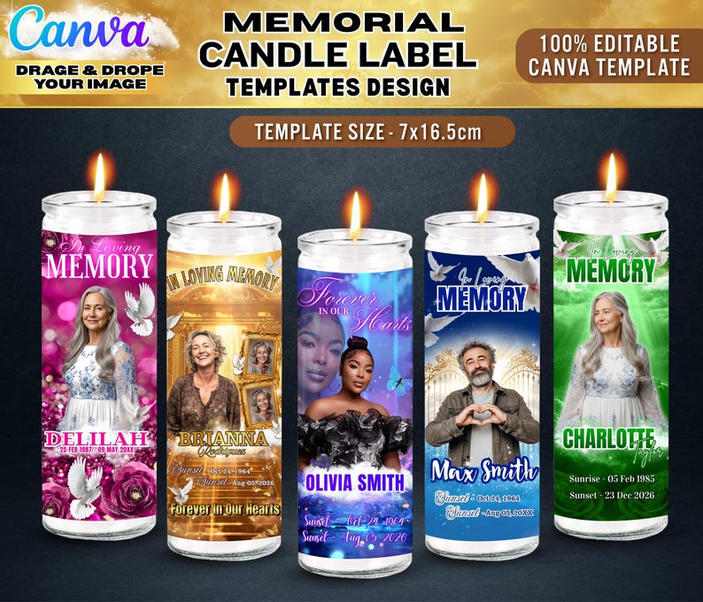 May include: Memorial candle label templates with various designs. Each candle features a photo, name, and dates. The labels include the text "Loving Memory" and "Forever in Our Hearts". The template size is 7x16.5cm.