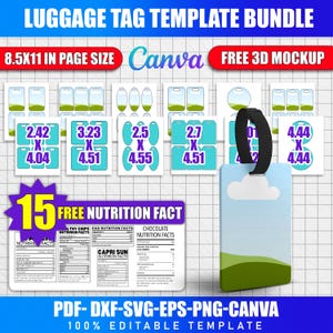 May include: A luggage tag template bundle with various designs and sizes, including a free 3D mockup. The image features a light blue luggage tag with a cloud and landscape design, plus nutrition facts and editable templates.