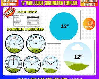 Lot de modèles d'horloge murale à sublimation de 12 po. | Horloge ronde 5X SVG | Maquette modifiable en téléchargement numérique