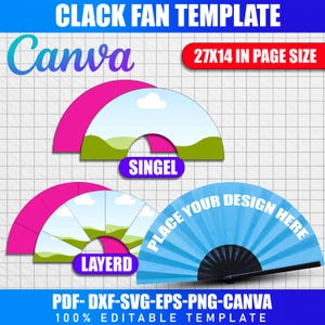 Op de afbeelding: Een digitaal sjabloon voor een klapventilatorontwerp, met een blauwe ventilator met de tekst "PLACE YOUR DESIGN HERE". De afbeelding bevat fan-mockups met de woorden "SINGEL" en "LAYERD". De sjabloon is 68,58 x 35,56 cm en is 100% bewerkbaar.