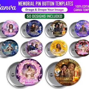 May include: A collection of memorial pin button templates with various designs. Each button features a photo, the words "In Loving Memory," and a name. The buttons are silver with a glossy finish. The Canva logo and text are visible at the top.