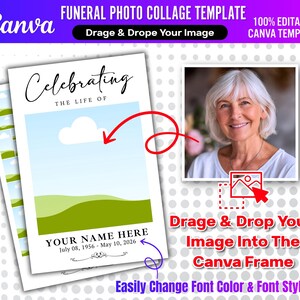 Pu&ograve; includere: Un modello di collage fotografico funebre di Canva con il testo "Celebrating the Life of" e uno spazio per una foto. Il modello include istruzioni per trascinare e rilasciare un'immagine nel frame di Canva e cambiare il colore e lo stile del carattere.
