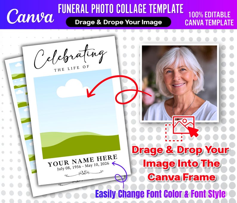 Pu&ograve; includere: Un modello di collage fotografico funebre di Canva con il testo "Celebrating the Life of" e uno spazio per una foto. Il modello include istruzioni per trascinare e rilasciare un'immagine nel frame di Canva e cambiare il colore e lo stile del carattere.