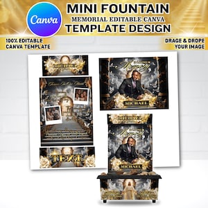 May include: A memorial fountain template design with the text "MINI FOUNTAIN" and "MEMORIAL EDITABLE CANVA TEMPLATE DESIGN". The design includes images of a man in a suit, doves, and roses. The text "In Loving Memory" is also present.