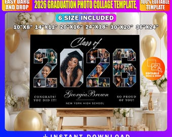 2026 Graduation Photo Collage Template, Graduation Party Decor, Graduation Welcome Sign, Graduation Gift Idea, Class of 2026, Canva Template