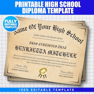 May include: A printable high school diploma template with a vintage parchment paper design. The diploma features ornate text, including the recipient's name and school details. The text reads "100% Editable Template".