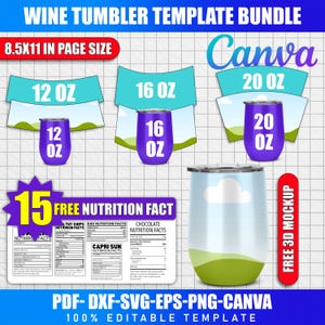 Puede incluir: Un paquete de plantillas digitales para vasos de vino, con diseños para vasos de 355 ml, 473 ml y 591 ml. Incluye una maqueta 3D gratuita y plantillas de información nutricional. La plantilla es de 21,6 x 27,9 cm y es 100% editable en Canva, PDF, DXF, SVG, EPS y PNG.